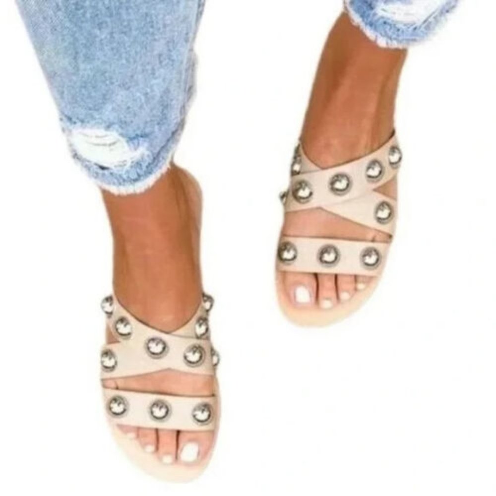 Marc Fisher Prisca Ball Stud Slide Espadrille Sandals Size 10 Crisscross Nude